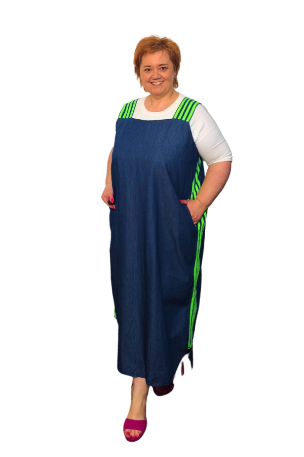 Riflové šaty na ramienka - zelený prúžok